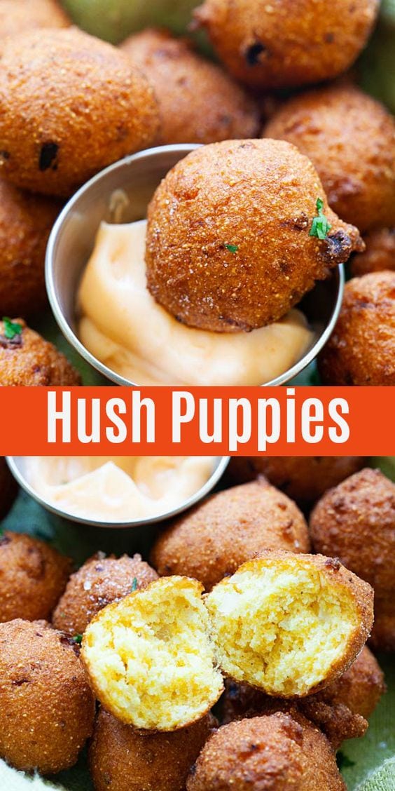 Hush Puppies - fried croquettes made with cornmeal and onion. Homemade hush puppy recipe that goes well with fried cat fish and southern seafood dishes. 