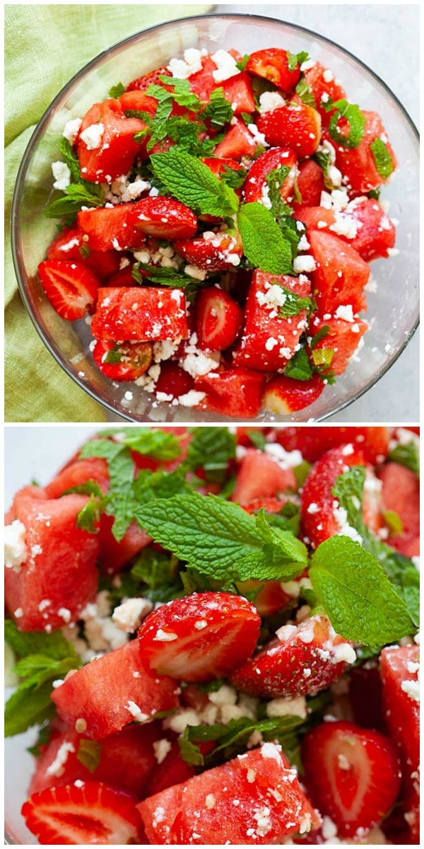 Watermelon Salad - healthy and refreshing summer salad with watermelon, feta cheese, strawberry and mint. This recipe is so easy and delicious!