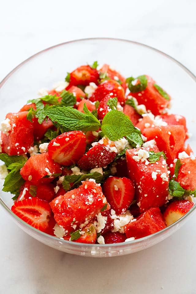 Watermelon salad recipe with watermelon and feta cheese in a bowl.