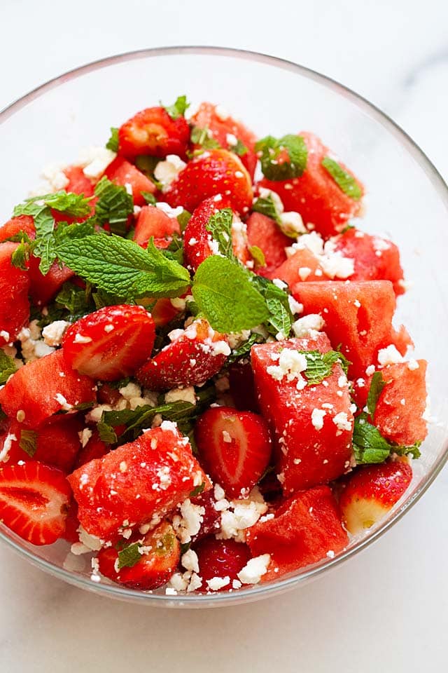 Watermelon salad in a salad bowl, ready to serve.