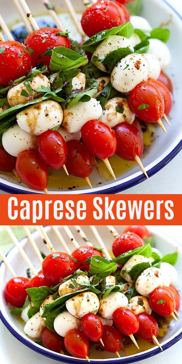 Caprese Skewers - healthy and delicious caprese salad threaded on bamboo skewers with fresh cherry and grape tomatoes, Italian basil and mozzarella balls, drizzled with olive oil and balsamic vinegar. These skewers are the best salad on sticks!
