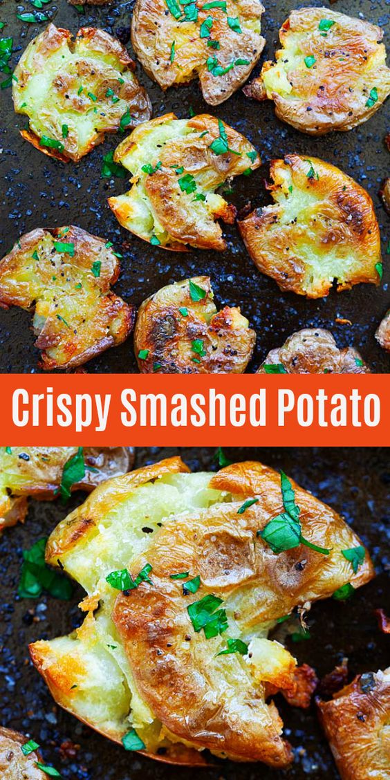 Smashed Potatoes - crunchy, golden brown and crispy smashed potatoes. Serve them as an appetizer or a side dish with sour cream. So delicious!