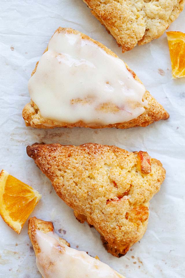 Orange scones with orange scone glaze.