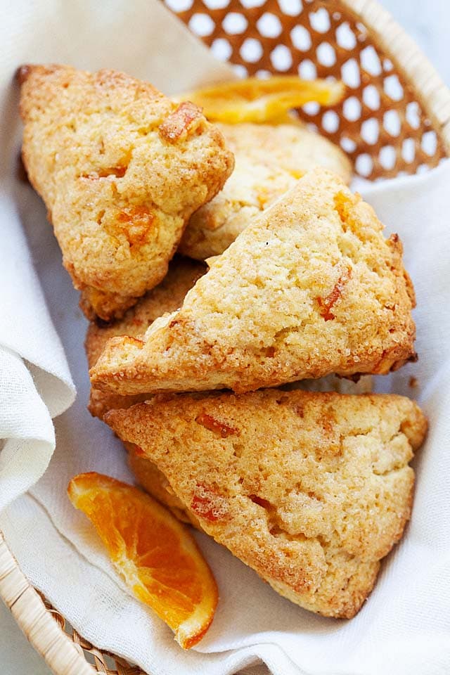 Orange scone recipe with butter, flour, dried orange and sugar.