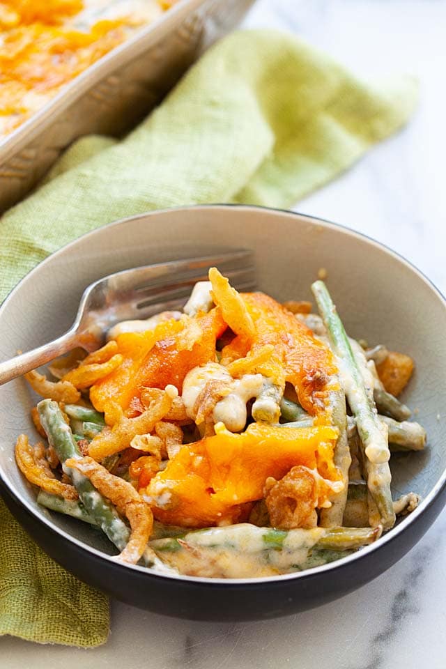 French's green bean casserole topped with crispy French fried onions.