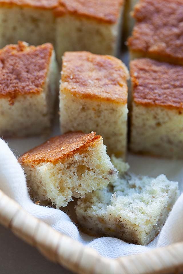 Moist and best banana cake, sliced into pieces.