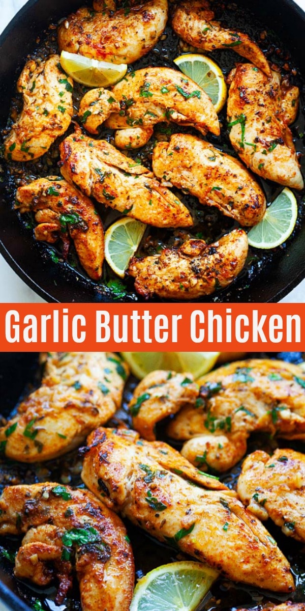 Chicken Tenders - one of the best chicken tender recipes with garlic, butter and spices on skillet. Juicy and easy chicken dinner made in 15 mins!