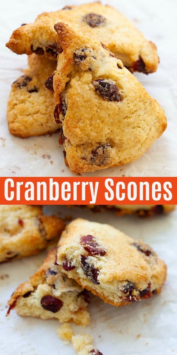 Cranberry Scones - buttery, flaky, crumbly traditional English scones with dried cranberries. This scone recipe is the best ever, fail-proof and so easy to make.