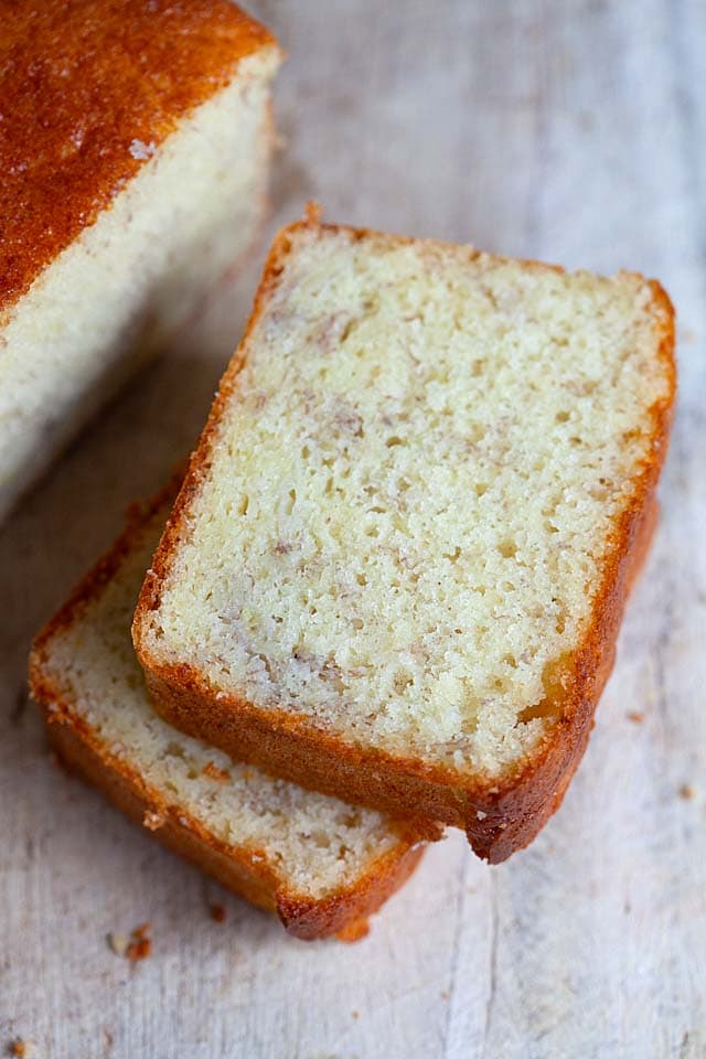 Banana cake sliced into pieces.