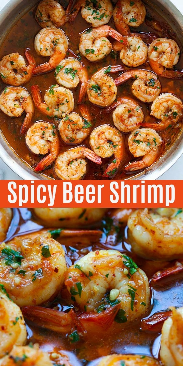Beer Shrimp with homemade dry rub spices and bubbly beer. This spicy beer shrimp recipe is great for game day or entertaining with friends and family!