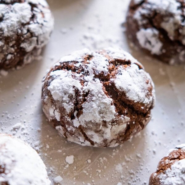 Chocolate crinkle cookies, freshly baked in the oven.