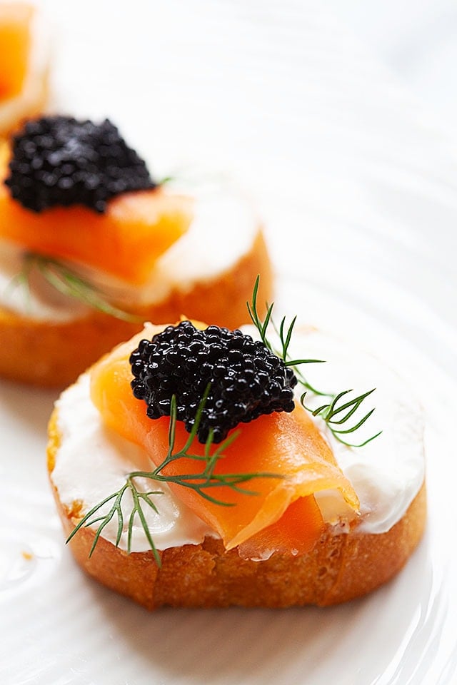 Smoked salmon crostini, ready to serve.