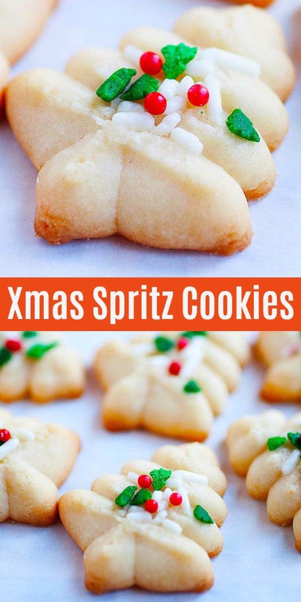 Spritz Cookies– the BEST, buttery, melt-in-your-mouth and crumbliest Christmas Spritz cookies ever! Super easy recipe that anyone can bake this holiday season.