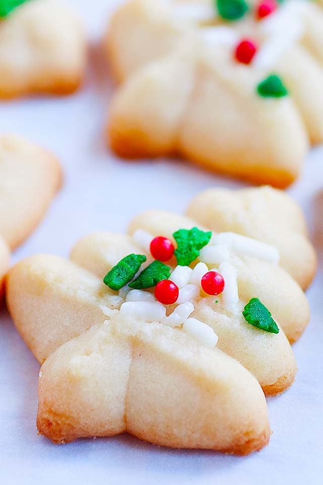 Butter spritz cookies, with green, white and red sprinkles.