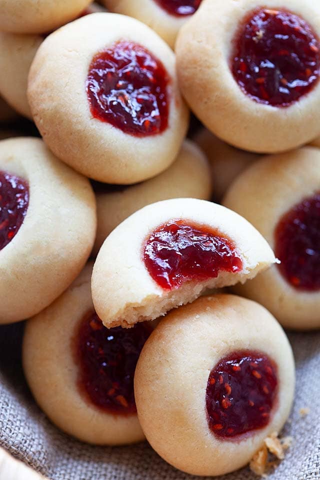 Easy thumbprint cookies with raspberry jam.