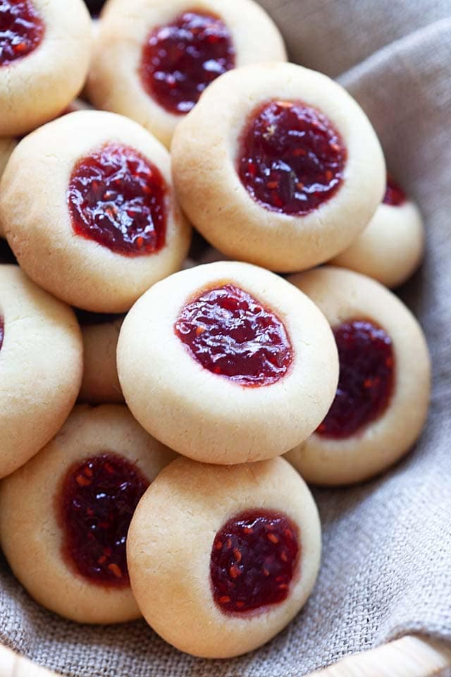 Raspberry thumbprint cookies using jam.