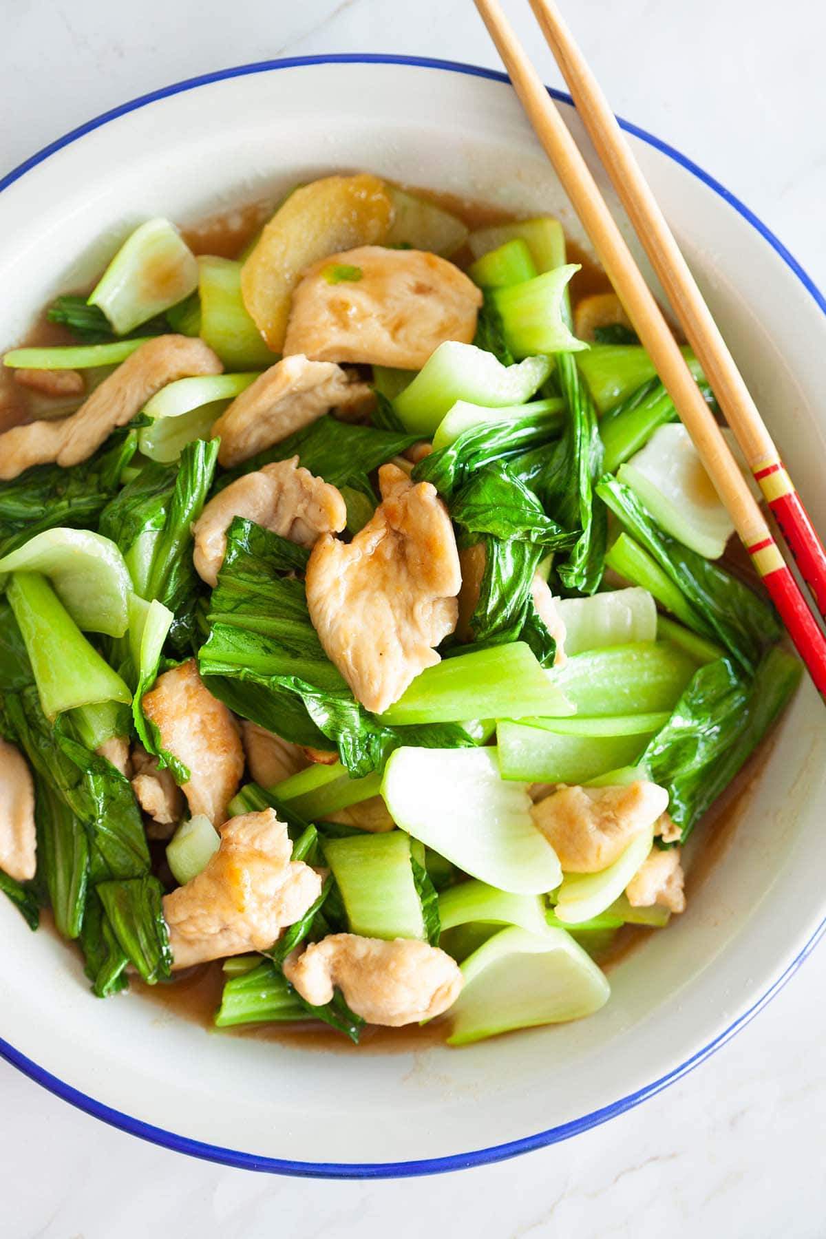 Bok choy chicken in plate.