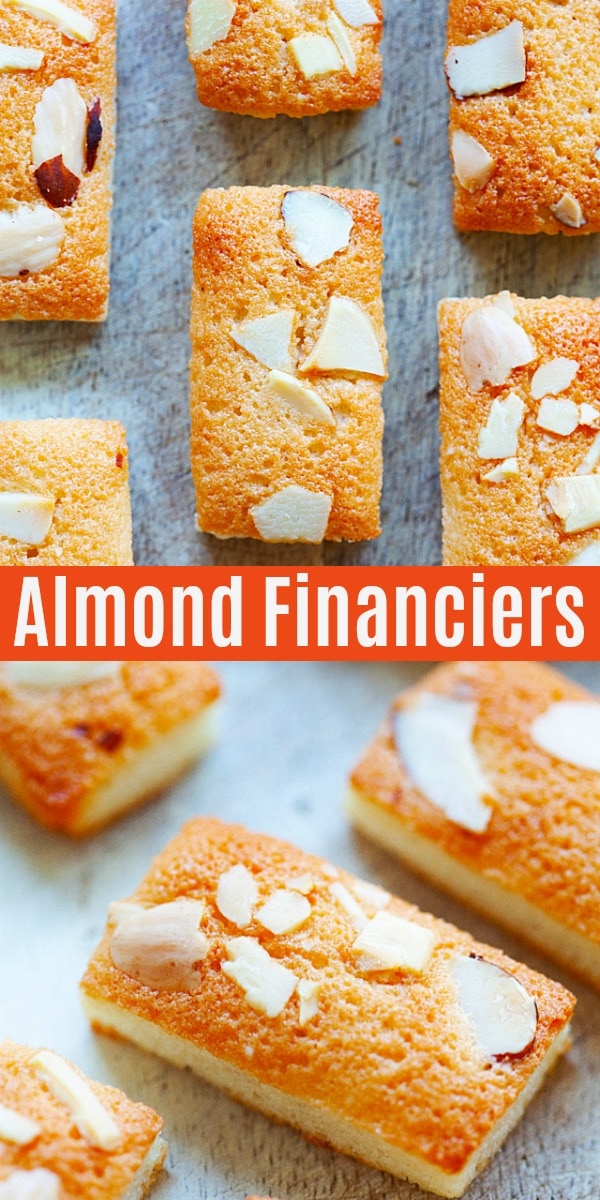 Financiers are small and buttery almond cakes found in French patisserie. This financier recipe is made of almond flour, all-purpose flour, egg whites, sugar and butter.