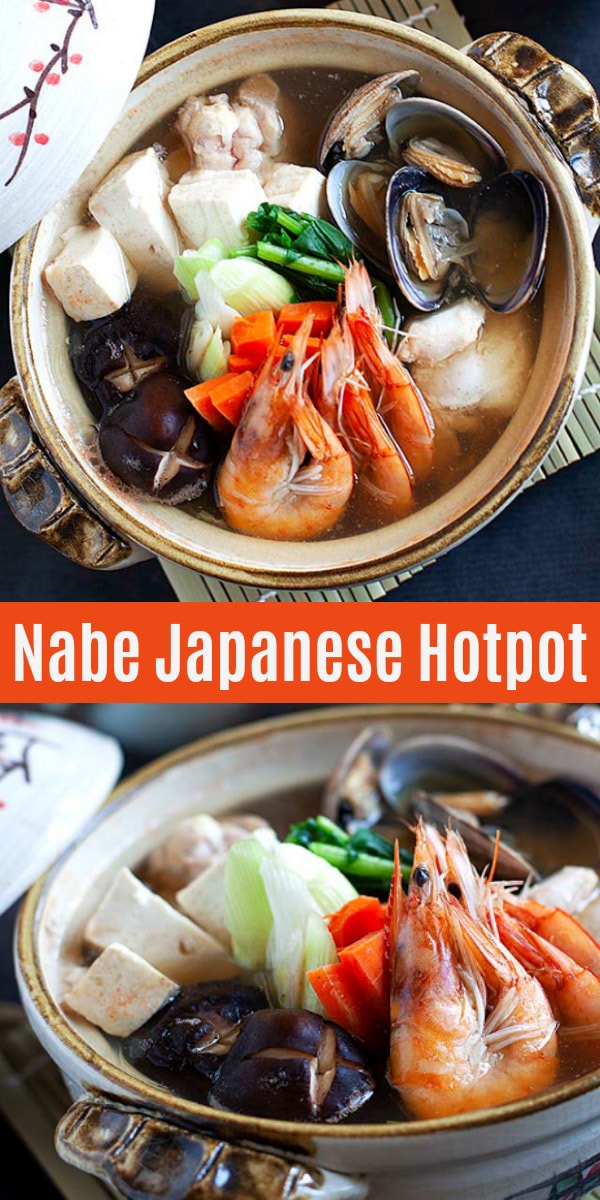 Nabe or nabemono is Japanese hot pot. This is a classic Yosenabe recipe made of chicken, seafood, tofu, vegetables in dashi broth.