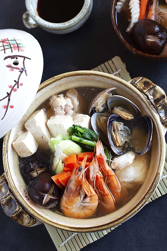 Nabe hot pot or yosenabe in a Japanese clay nabe pot.