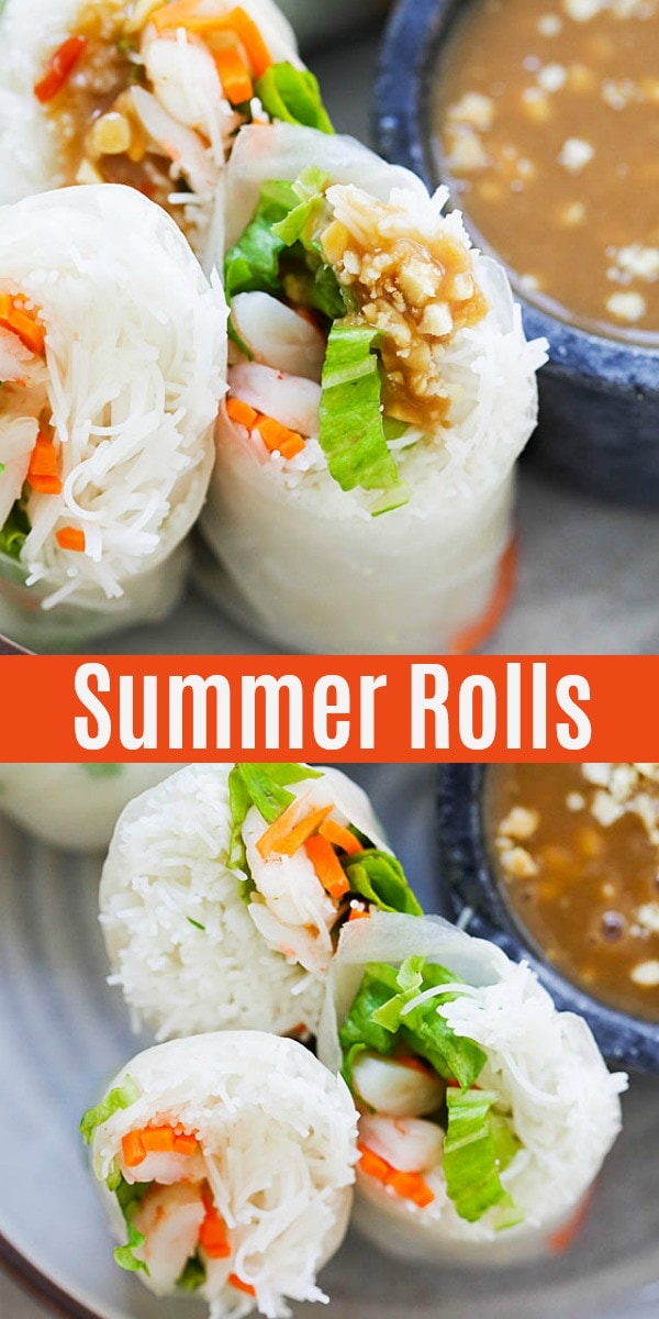 Summer Rolls recipe made of rice noodles, lettuce, carrots, shrimp and served with peanut sauce. This Vietnamese appetizer is so healthy and delicious. Learn how to assemble the rolls with easy step-by-step picture guide.