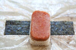 Spam, rice and nori seaweed are main ingredients of spam musubi.