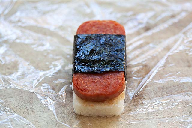 Hawaiian spam musubi wrapped with seaweed.