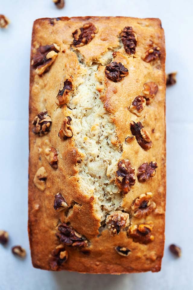 The best banana nut bread, sliced into pieces.
