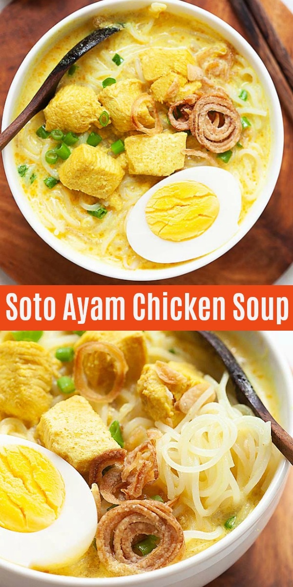 Soto Ayam is a chicken soup popular in Malaysia and Indonesia. This soto ayam recipe is easy, authentic and the best recipe you will find online. Serve with rice noodles or rice cakes for a meal.