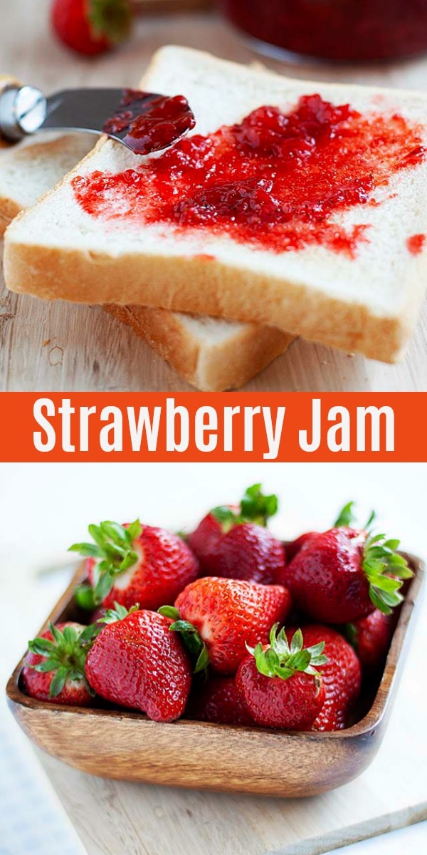The best homemade strawberry jam with fresh strawberries, sugar and lemon juice. This easy strawberry jam recipe is freezer-friendly and doesn't has pectin.