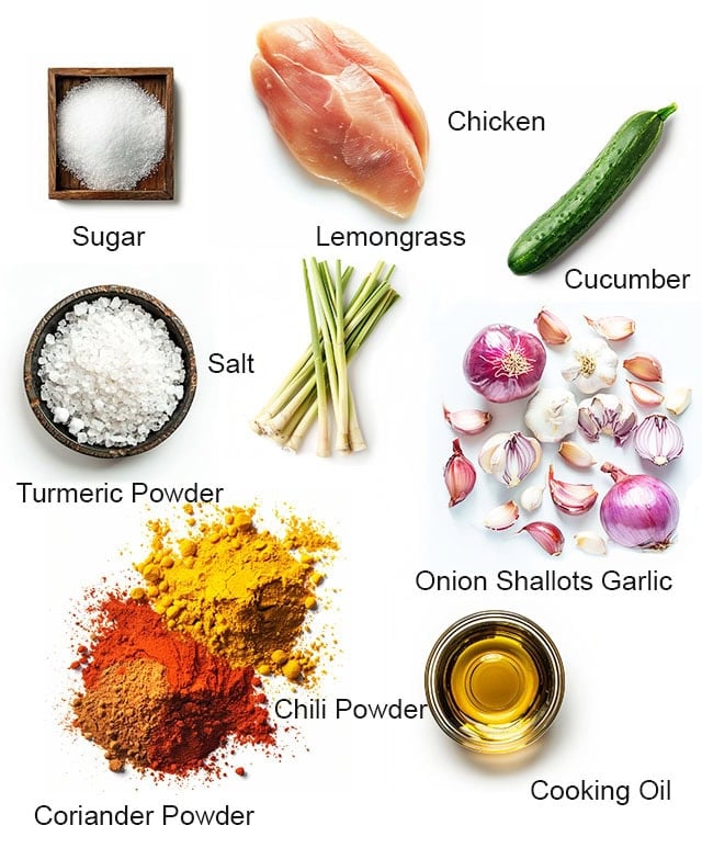 A photo showing all ingredients for chicken satay recipe.