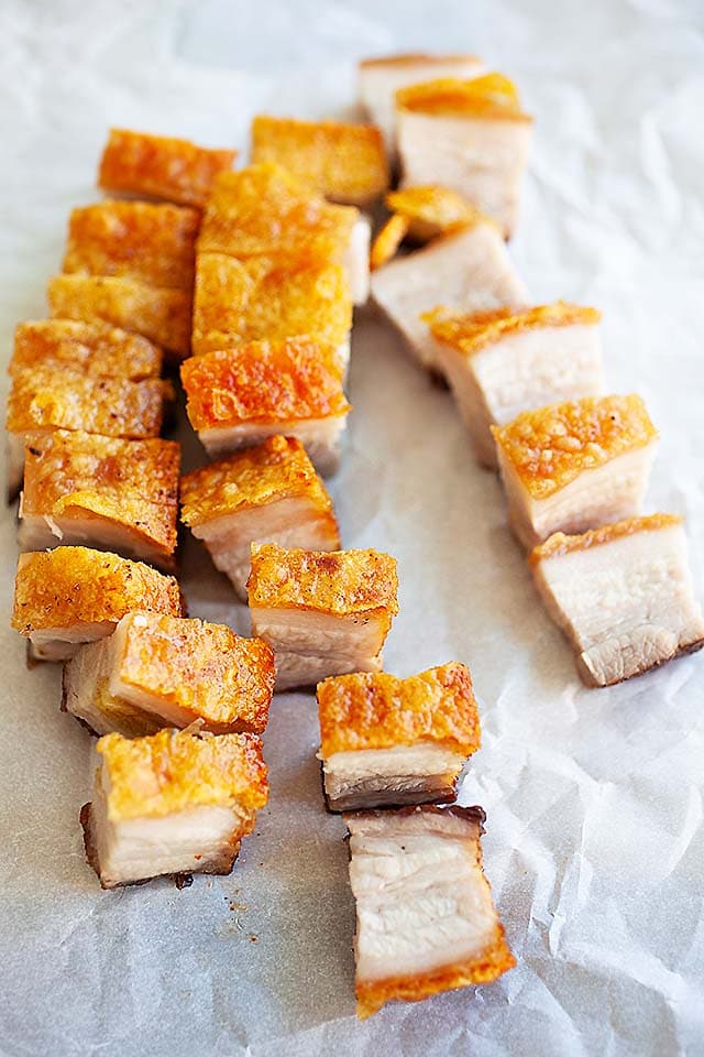 Crispy Chinese roast pork belly sliced into pieces.