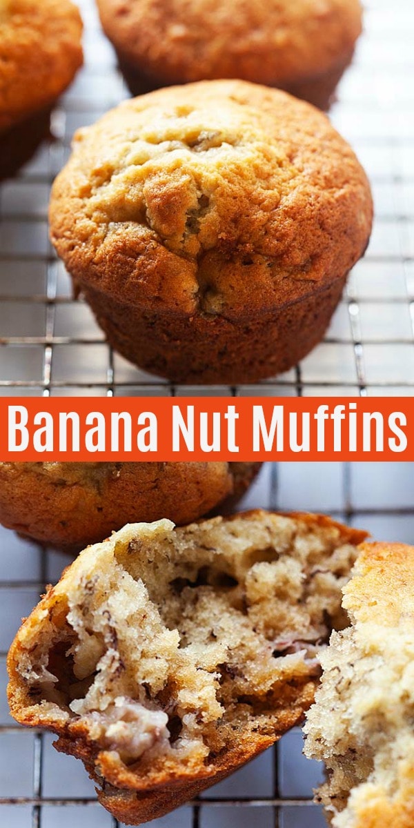 Easy and healthy banana nut muffins made of ripe bananas and chopped walnuts. This is the best banana nut muffin recipe from scratch, so moist and delicious!