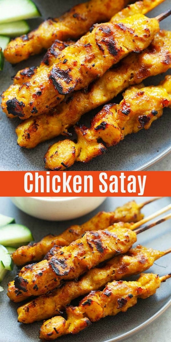 Delicious chicken satay or grilled chicken skewers marinated with spices and served with peanut sauce.  Easy, authentic and the best chicken satay recipe you'll find online!