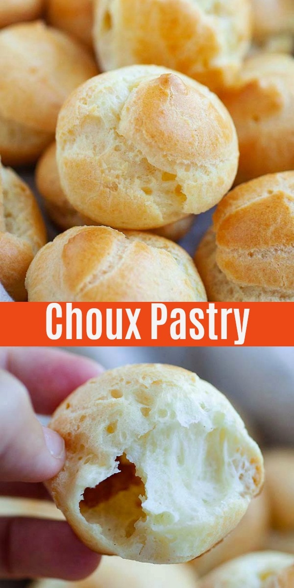 Choux pastry or Pâte à Choux is a French pastry made of eggs, butter, and flour.  Learn all about its ingredients, fillings, tips and how to pipe with this easy choux pastry recipe.