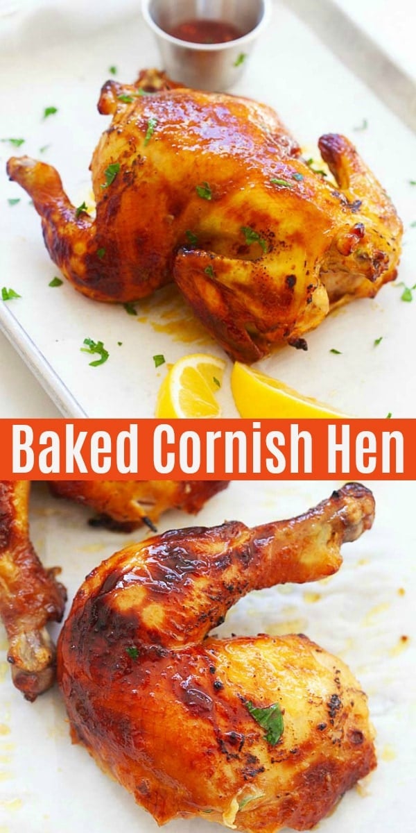 Tender, juicy and one of the best cornish hen recipes! Baked cornish hen in oven with marinade of garlic, honey and spices. This cornish game hen is so good.