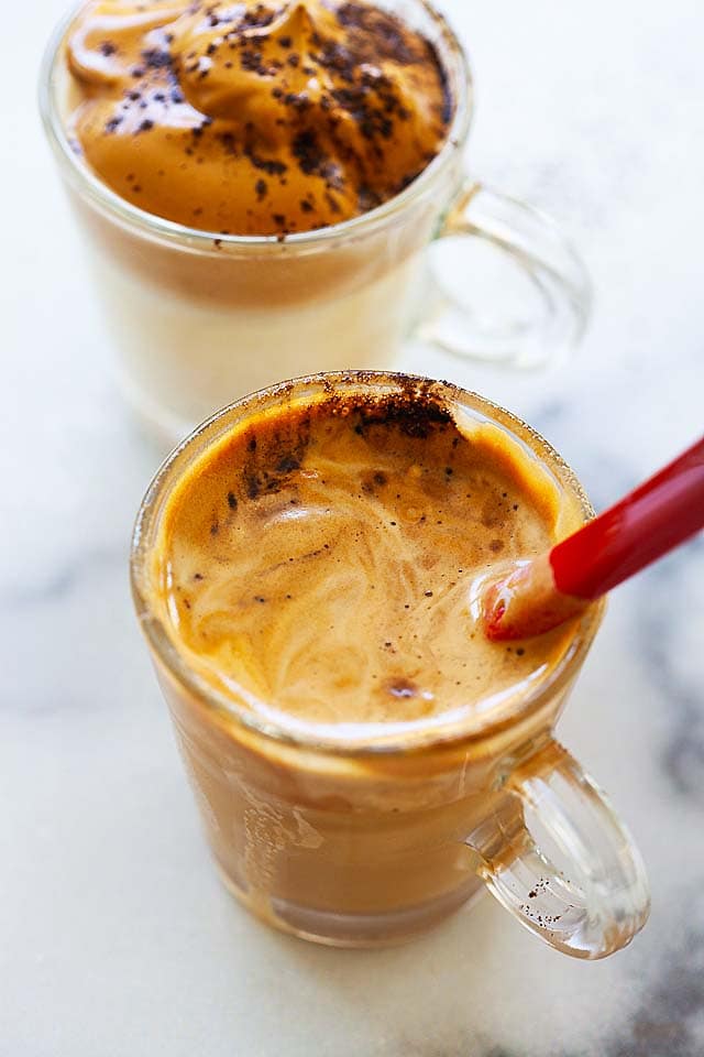 Dalgona coffee recipe with instant coffee, sugar, water and milk.