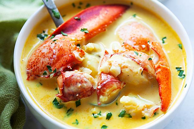 Lobster bisque soup in a bowl.