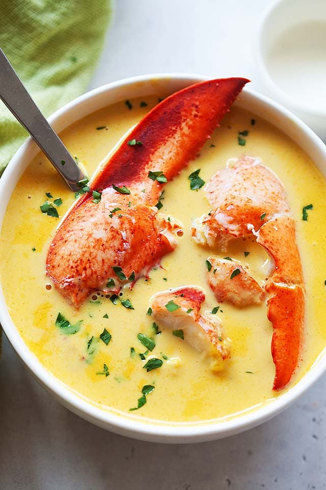 Easy lobster bisque recipe made of lobster stock, spices, herbs and lobster meat.