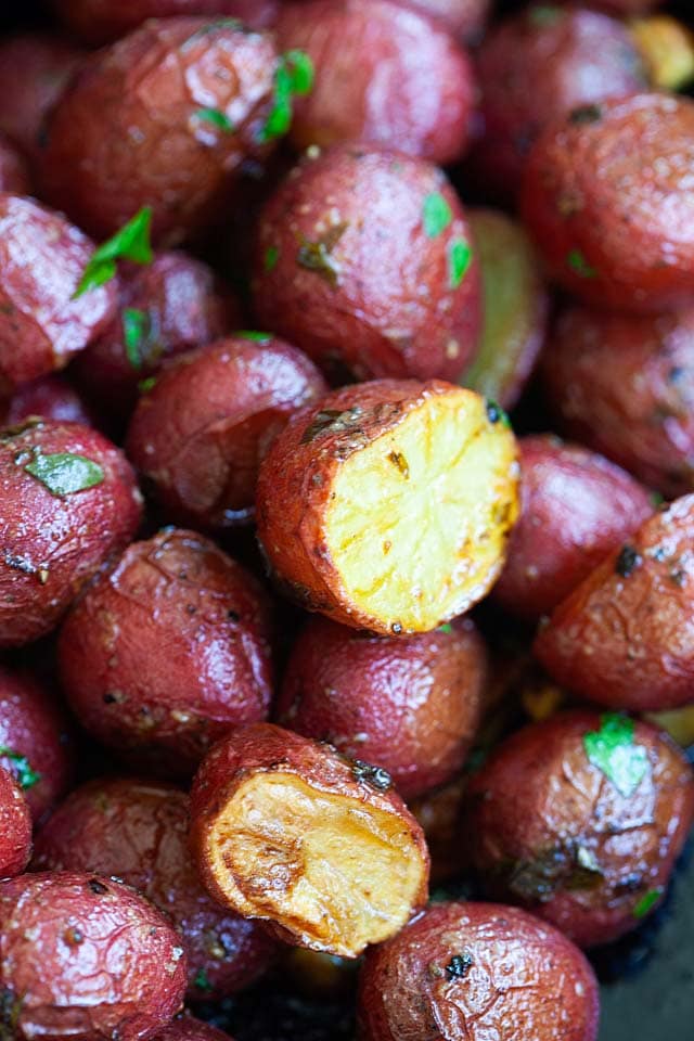 Roasted baby potatoes in a skillet.