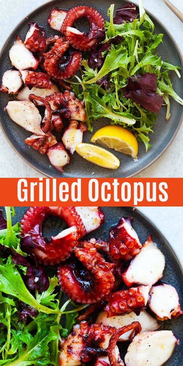 Grilled octopus with olive oil, cayenne pepper and lemon. This Spanish grilled octopus with salad is the best and restaurant worthy, juicy, tender and delicious!