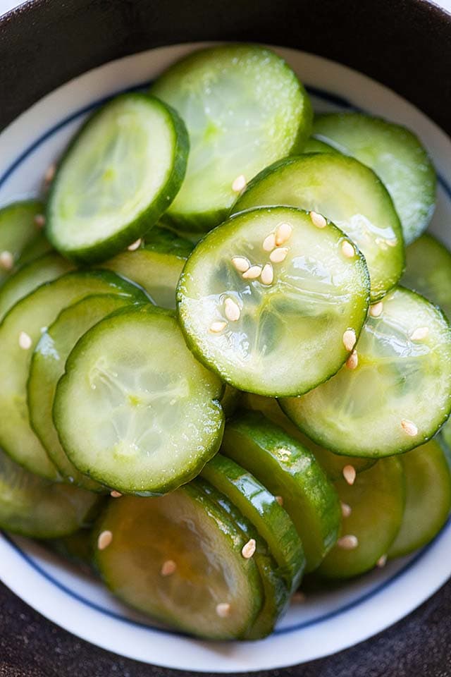Pickled cucumber recipe with cucumber, vinegar, salt and sugar.