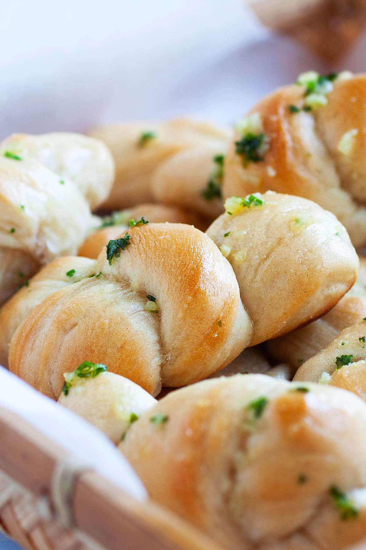 Easy garlic knots on a serving tray.