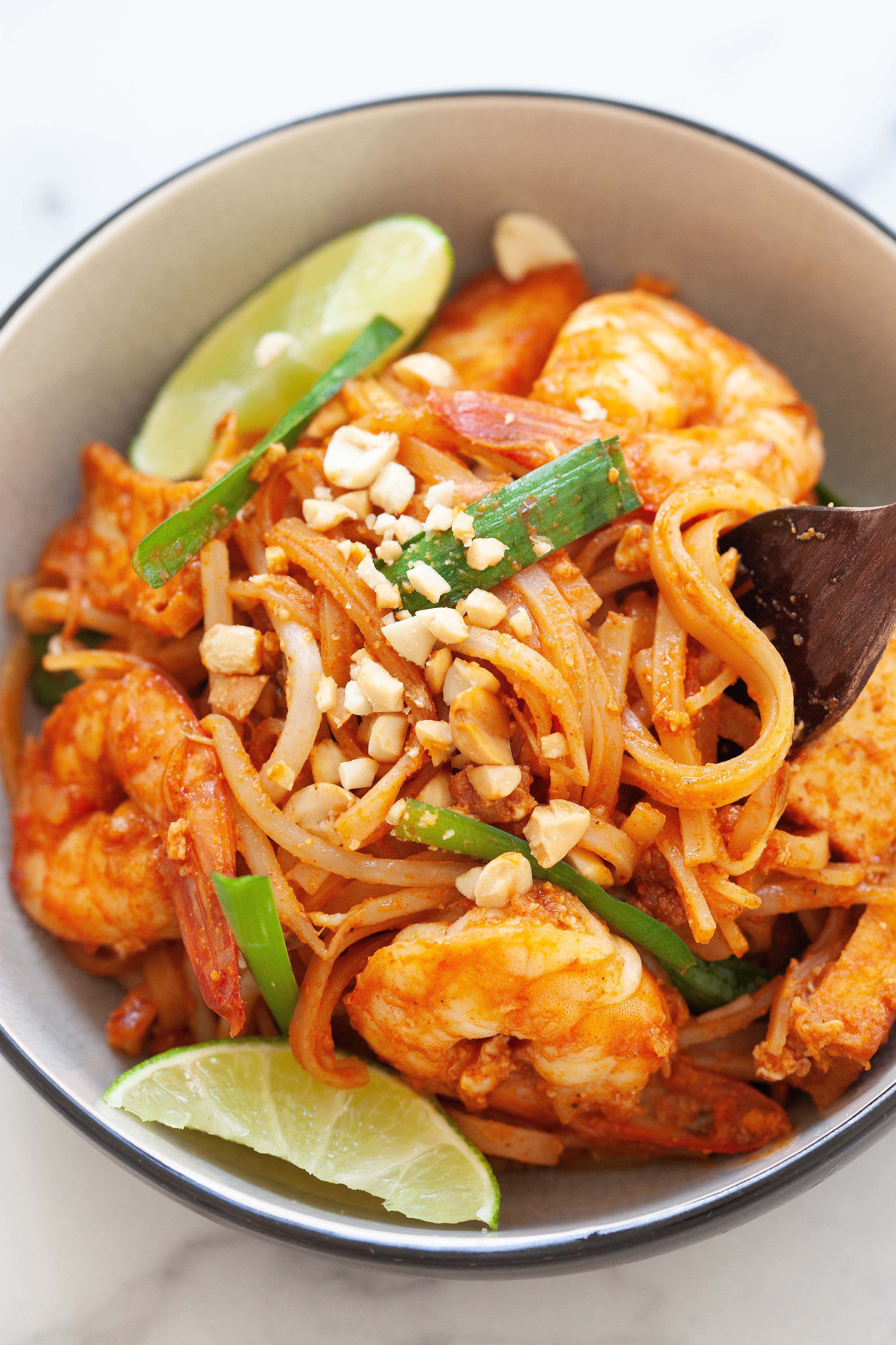 Pad Thai noodles with rice noodles, Pad Thai sauce, chicken, shrimp and tofu.