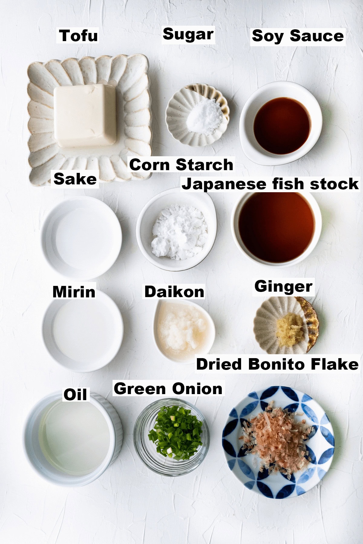 Ingredients for agedashi tofu. 