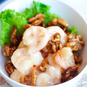 Sweet honey walnut shrimp served in a bowl.