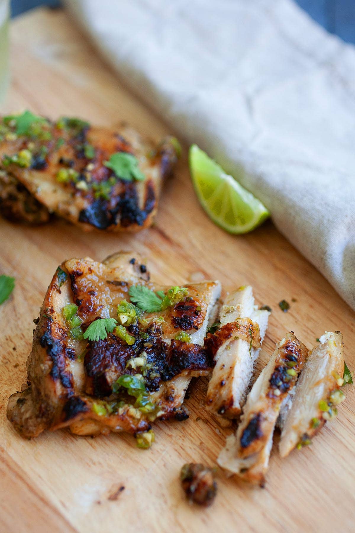 Cilantro lime chicken thighs sliced into pieces. 