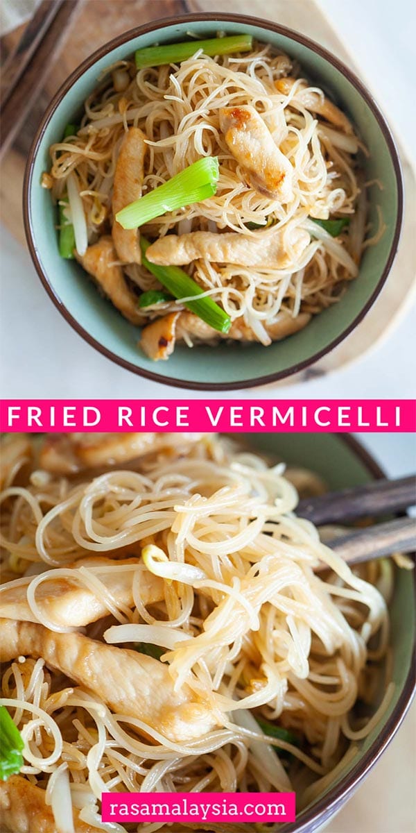 Fried Rice Vermicelli - easy rice noodles recipe stir-fried with chicken, bean sprouts and scallion. Learn how to cook vermicelli at home with this recipe!