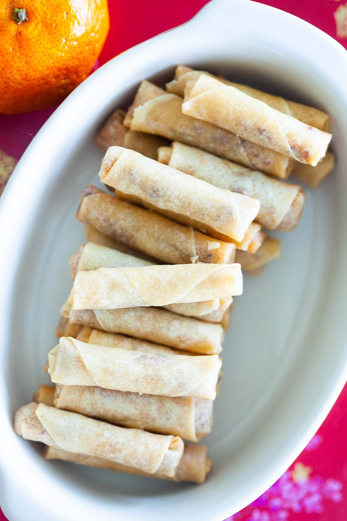 Mini spring rolls with chicken floss.