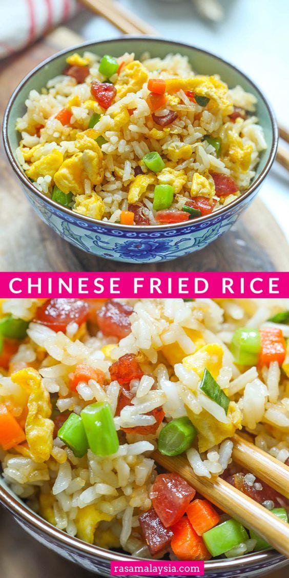 Authentic Chinese fried rice with Chinese sausage, eggs and steamed rice. This restaurant style Chinese fried rice recipe is so easy to make and the best!